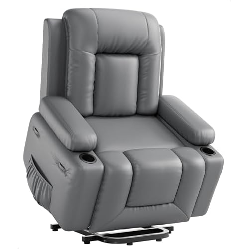 GarveeHome Power Lift Recliner Chair - Heat and Massage, Faux PU Electric Lift Recliner for Elderly & Mobility Impaired, Adjustable Back and Legs, Heavy Duty Lift Chair for Seniors Grey Regu