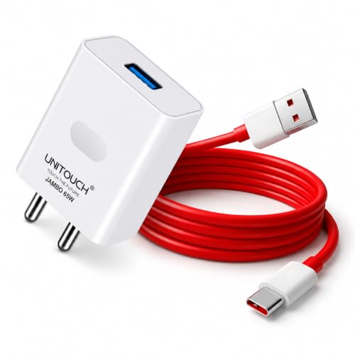 Image of 65W Super Fast Charger with USB-A to USB-C Cable | Fast Charging Adapter Compatible with OnePlus, Oppo, Realme, Vivo, Xiaomi, Samsung, Motorola & Android Smartphones | White