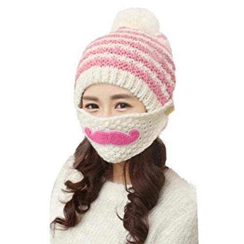 devil Fashion Women Winter Knitted Pompom Cap Crochet Ski Face Mask Beard Mustache Hat Beanie (White)-picture-6