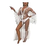 LMSXCT Women Sexy Long Lace Lingerie Kimono Robe V Neck See Through Bridal Bathrobe Sheer Babydoll Nightgown Mesh Nightdress White