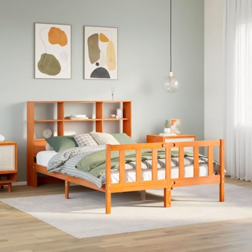 QZZCED Cama con Estantería sin Colchón de Madera Maciza Marrón 120x190 cm, Estructura de Pino Sólido con Somier de Láminas y Espacio de Almacenamiento, Ideal para Dormitorios