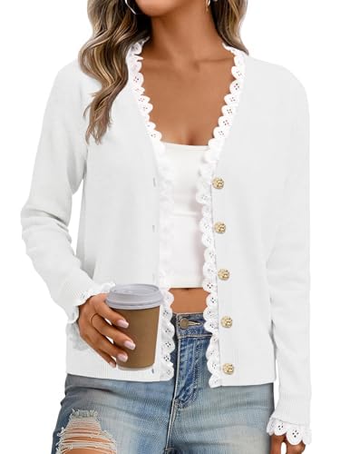 Cicy Bell Womens Lace V Neck Cardigan Sweaters Button Down Long Sleeve Knit Tops Fall Trendy Lightweight Open Front Sweater White