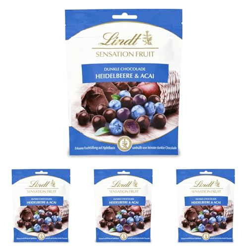 Lindt Schokolade Sensation Fruit Heidelbeere und Acai | 150 g | Dunkle feinherb Schokoladen Kugel mit erlesener Fruchtfüllung auf Apfelbasis | Pralinengeschenk | Schokoladengeschenk (Packung mit 4)
