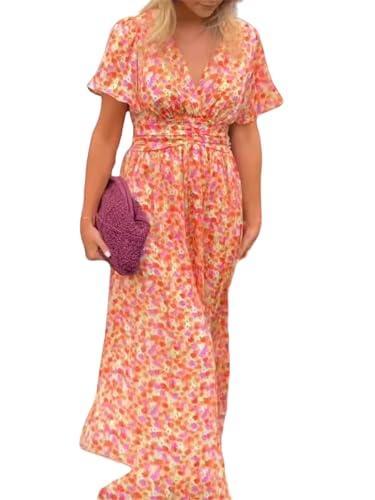 Robe longue en mousseline de soie avec col en V et imprimé floral pour femme, Orange, XL