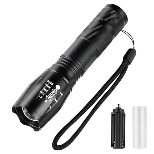 Image of DotCom Ultra Powerful LED Flashlight - Black | Zoomable LED Torch with 5-Modes and Waterproof Body | Battery Powered Handheld Flashlight for Camping, Outdoor, Emergency & Hiking