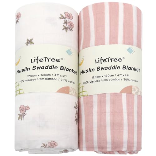 Image of LifeTree Baby Swaddle Blankets, Boys Girls Muslin Swaddling Wrap Receiving Blanket for Newborn, 70% Viscose from Bamboo and 30% Cotton, Large 47 inch x 47 inch, Pink Floral and Stripe