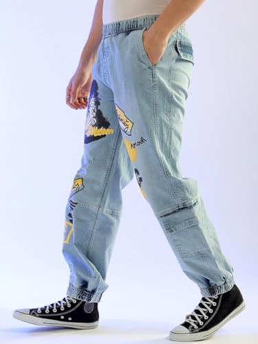 Image of The Indian Garage Co Men Loose Fit Solid Mid-Rise Stretchable Denim Joggers