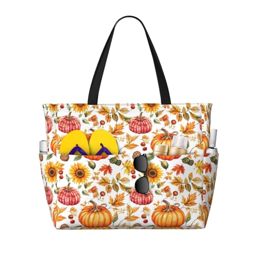 Large Beach Bags for Women Sandproof - Autumn Pumpkin Sunflower Print Summer Travel Work Tote Bags with Zipper