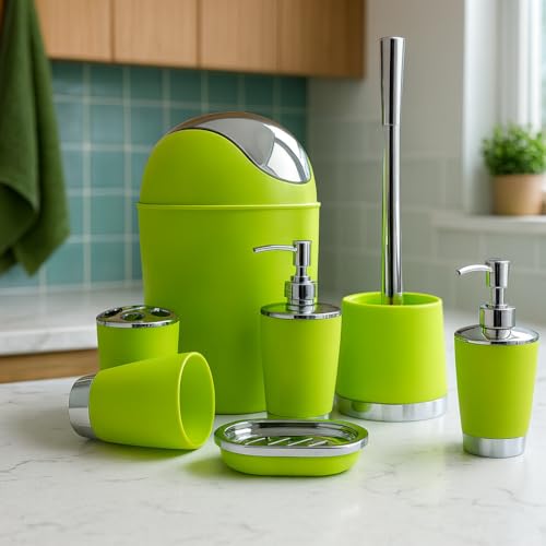 Bathlux Lot de 6 accessoires de salle de bain Support de brosse WC, poubelle, porte-savon, support de brosses à dents, distributeur de savon, verre à dent...
