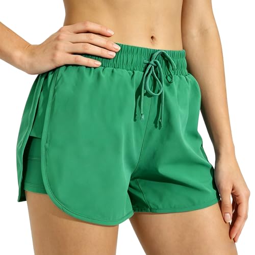 TIMEPAY Women Running Shorts Quick Dry Workout Gym Shorts High Waist 2 in 1 Athletic Shorts with Liner Pockets Light Green