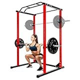 Power Squat Rack, Power Cage 1200 Pounds Capacity, Multi-Functional Power Rack with J-Hooks, All-in-One Squat Rack Free Weight Home Gym Workout Machine (Red)