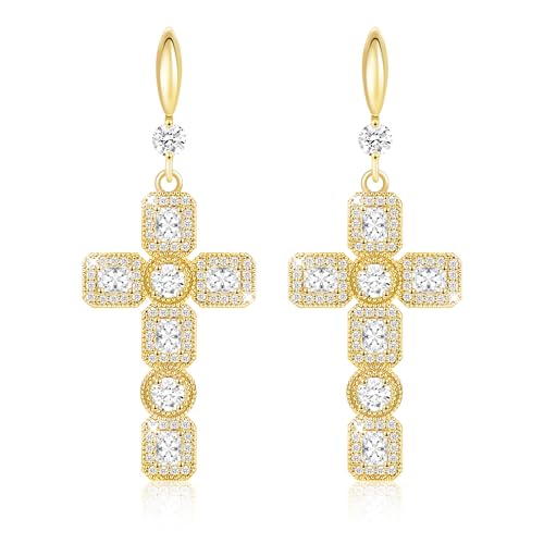 Linawe Cross Dangle Earrings for Women, Hypoallergenic Imitation Diamond Rhinestone Earrings, 14K Gold/Silver/Rose Gold Cubic Zirconia Cross Dangling Drop Earrings