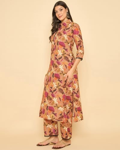Image of SheWill Women Cotton Blend Floral Printed Straight Kurta with Mandarin Collar, Button Detailing, and 3 /4th Sleeves Paired with Matching Printed Pants
