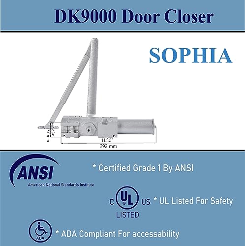 Image of SOPHIA Automatic Door Closer Heavy Duty, Commercial Grade 1, Adjustable Spring Size 1-6 for High Traffic, ADA Compliant & UL Listed, Door Hydraulic Closer, Backcheck & Delayed Action, Silver