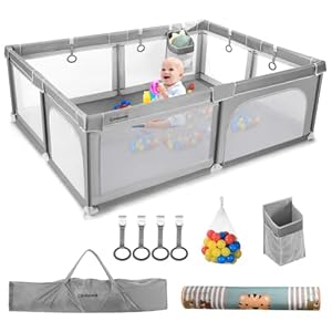 Cowiewie Baby Playpen with Mat 80.7X 61 x 27 inch Extra Large Playpen with Hanging Basket, 50 Ocean Balls and 4 Pull…