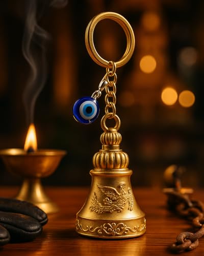 Image of Evil Eye Hooked Guardian Bell Keychain - Protective Lucky Charm Bell with Clip Hook for Bike, Car, Key & Bag | Spiritual Good Luck Talisman Gift