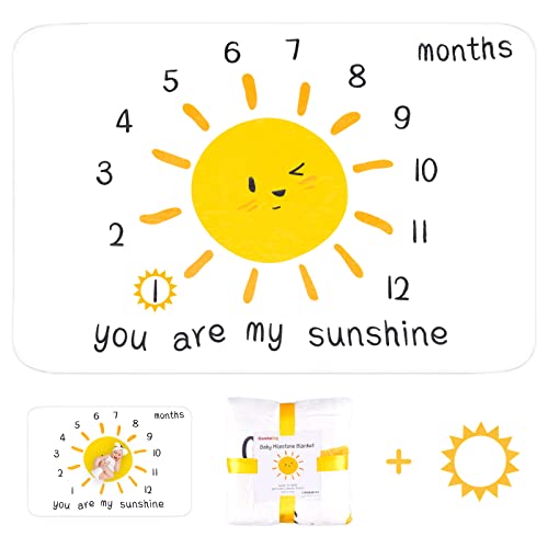 Image of Baby Milestone Blanket - Cute Sun Design Monthly Milestone Blanket for Baby Boy and Girl, Soft and Thick Flannel, Large Size, 60"X40"