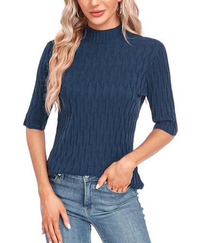 Image of MINTLIMIT Womens Turtleneck Sweaters Short Sleeve 2024 Fall Winter Casual Texture Shirt Blouse Knit Pullover Sweater