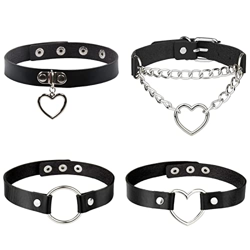 Halsband Damen, Leder Choker Kette, 4 Stücke Halskette Choker PU Leder Gotik Punk Rock Lederhalsband Choker Halsband Set,Schwarz Gothic Choker Einstellbar Kragen Choker Halsband mit Spike Nieten Kreis Cover