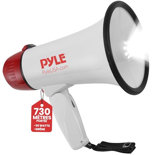 Pyle Mégaphone Portable 30W avec Sirène et Lumières LED – Portée 730 m, Volume Réglable, Poignée Pliable, Idéal pour Sport, Sécurité, Événements Extérieurs
