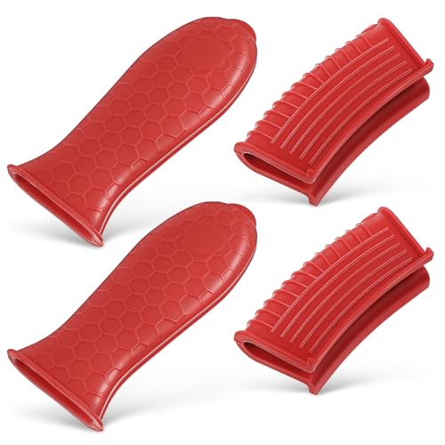 Silikon Topfgriff Hitzeschutz Set - 4-Teiliges Rotes Set Mit 2 Griffhüllen Und 2 Topfhandschuhen Rutschfester Hitzebeständiger Schutz Für Töpfe Und Pfannen Mit Praktischem Aufhängeloch