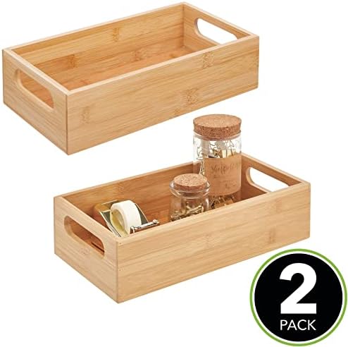 mDesign Set of 2 Office Storage Container  Open-Top Wooden Storage Tray with Handles  Stationery Organiser for Pens, Pencils, Envelopes and More  Natural