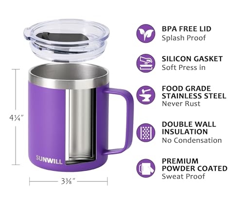 Image of SUNWILL Insulated Coffee Mug with Handle, 14oz Stainless Steel Togo Coffee Travel Mug, Reusable and Durable Double Wall Coffee Cup, Powder Coated Purple