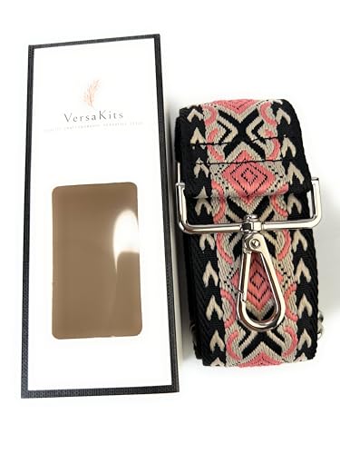 Image of Black Dusty Pink Boho Diamond Purse Strap with Silver Hardware 2 Inch Wide Replacement Crossbody Guitar Style Shoulder Strap for Handbags Totes