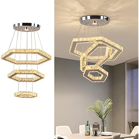 Kronleuchter Led Kristall 3 Ring kronleuchter Große LED Moderne Deckenleuchte Verstellbare Edelstahl Kronleuchter Pendelleuchte Cover