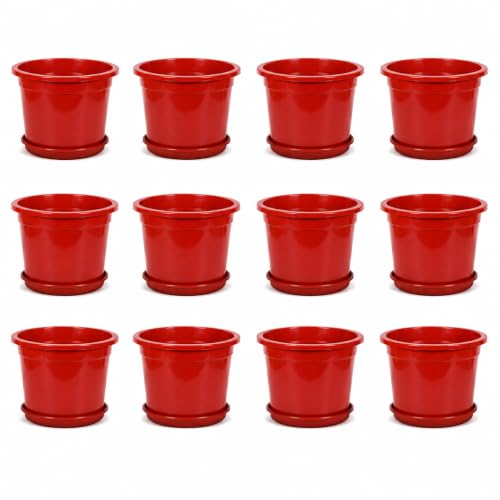 Image of 12 Inch Glossy Red Plastic Planter with Bottom Plate | Heavy Duty Flower Pot with Tray for Indoor Home Decor, Balcony, Living Room & Outdoor Garden (12 Pot, Red)