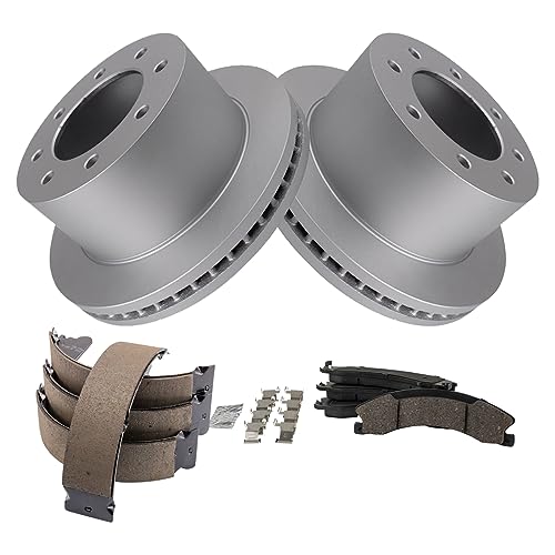 Image of TRQ Rear Brake Pad & Rotor Kit Parking Brake Shoe Set Ceramic Premium G-Coated Compatible with 2013-2017 Chevrolet Silverado 3500 HD GMC Sierra 3500 HD