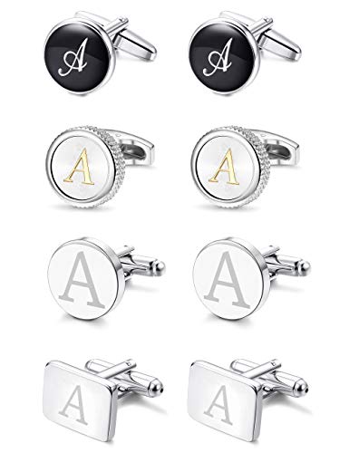 LOYALLOOK 4Pairs Men's Initial Letter Shirts Cufflinks Engraved Shirt Cufflink Alphabet Set Fashion Dazzle Tuxedo Cufflinks Business Wedding Father's DayGift, Brass