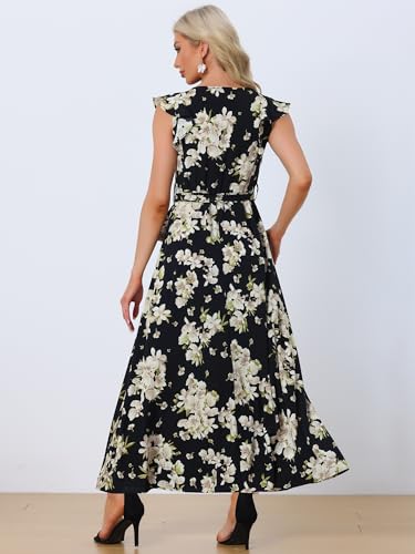 Image of Allegra K Maxi Dresses for Women's Summer Belted Ruffle Slevee Floral Dress Large Black