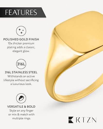 RTZN® Signet Rings for Men — Premium Mens Stainless Steel Rings — 100% Waterproof & Non Tarnish Plain Statement Mens Signet Ring Gold/Silver Pinky Ring for Men (SIZE: 6-12)4