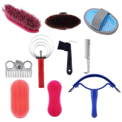 VIFER Kit de Toilettage Cheval, 10 Pièces Kit de Soins de Toilettage de Cheval pour Chevaux Equestrain Brosse Curry Peigne Ensemble Outil de Nettoyage