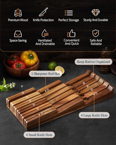 XINZUO Cassetto Blocco di Coltelli da Cucina in Legno di Acacia -43,6x18,4x5,3cm Ceppo Portacoltelli Universale per Cassetto (Senza Coltelli) -4 Coltelli Lunghi+6 Corti+1 Acciarino per Affilare - immagine 4