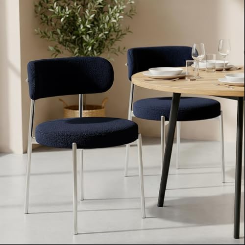 Sicaan Lot de 2 chaises Bouclette Bleu Nuit Nova - Assise rembourrée Confortable, Pieds métal chromé Stables - Design Contemporain élégant pour Salle à...
