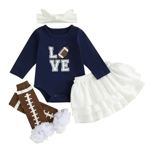 SmrtctueBB Baby Girl Football Outfit Long Sleeve Romper Elastic Skirts Football Stocking Headband Infant Newborn Clothes (Navy Blue, 3-6 Months)