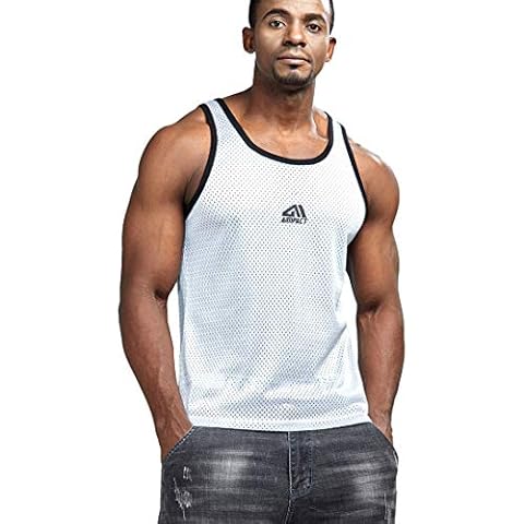 AIMPACT Men Athletic Workout Tank Top Mesh Dry Fit Casual Sleeveless Shirts(White L) Cover