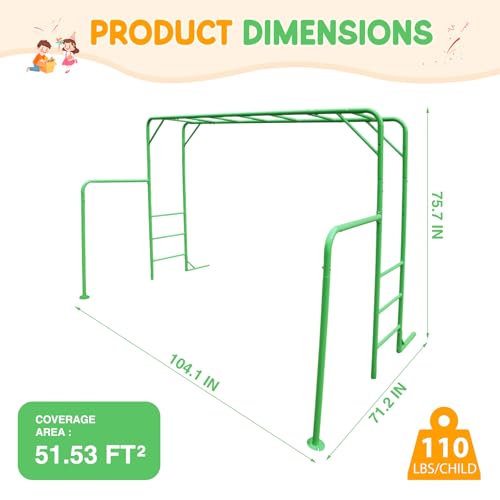 Outdoor Monkey Bar Set with Climbing Frame, Gymnastics bars, Playground Sets for Backyards, Metal Monkey Bars for Kids Age 3 and Up, Backyard Playground Set with Powder Coated Steel, Green