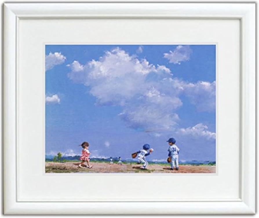 櫻井幸雄　額縁付き複製画　少年野球「出番のないベンチ (雲の下の六人)」 櫻井幸雄 額縁付き複製画 少年野球「出番のないベンチ (雲の下の