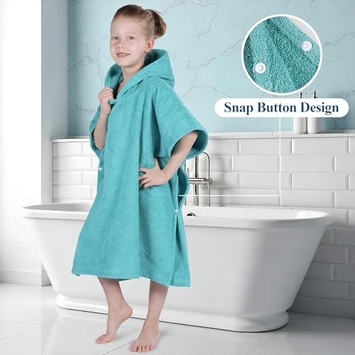 Image of Superior Kids Cotton Terry Poncho, Soft, Absorbent Bath Towel with Hood, Bathroom Accessories, Long, Plush Bathrobes for Bath, Shower, Spa, Resort, Hotel, Beach, Pool, Boy, Girl, Large Size, Teal