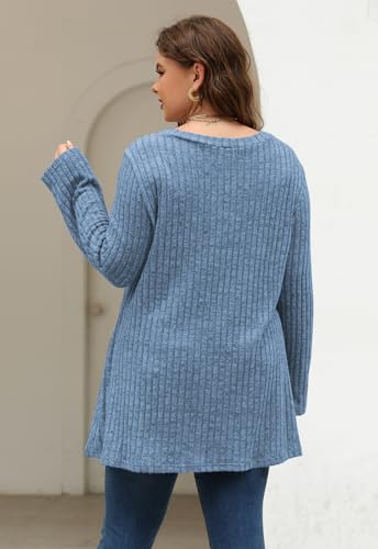 Image of Nemidor Women Plus Size Casual Tunic Top Drawstring V Neck Long Sleeve | 1X-5X plus, ribbed knit, long sweater, solid, semi-fitted flattering cut for curvy women, Fall, Winter, work, daily, dinner
