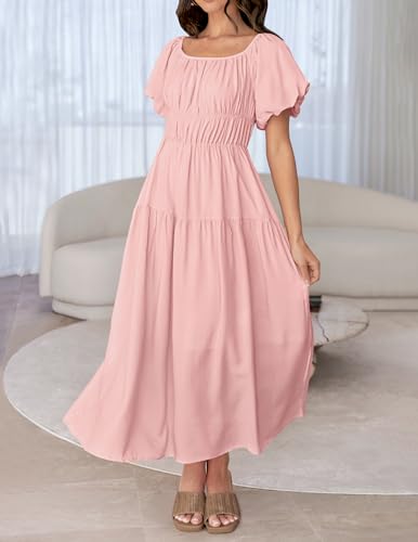 ZESICA Women's Sexy Boho Off Shoulder Puff Short Sleeve High Waist Ruffled Flowy A Line Beach Party Midi Dress3