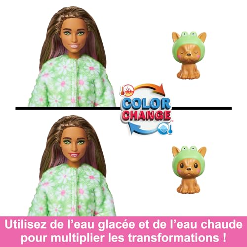 Barbie Coffret Cutie Reveal avec Poupée Articulée Châtain avec Mèches Roses, Chiot Déguisé en Grenouille, 10 Surprises Et Accessoires, À Collectionner, Jouet Enfant, A Partir De 3 Ans, HRK24