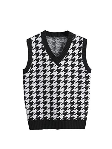 Milumia Men's Houndstooth Sweater Vest Sleeveless V Neck Casual Rib Knit Top