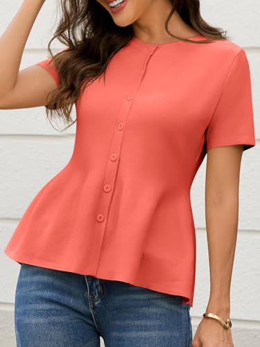 Image of Saodimallsu Womens Short Sleeve Cardigans Ruffle Button Down Crew Neck Peplum Babydoll Knit Sweater Tops
