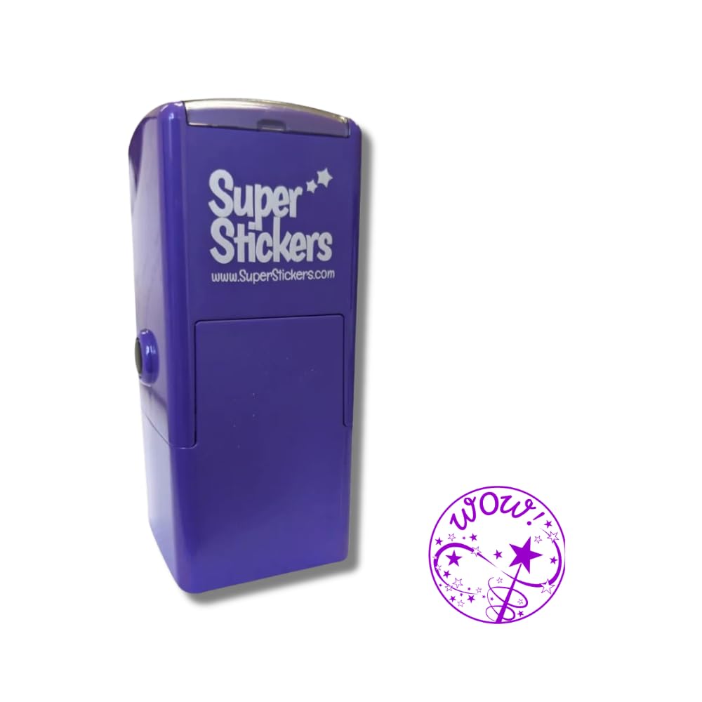 Superstickers Teacher Stamp - Wow Wand Design - Violet Ink - Self Inking Education Stamper for Marking - 23 x 23mm