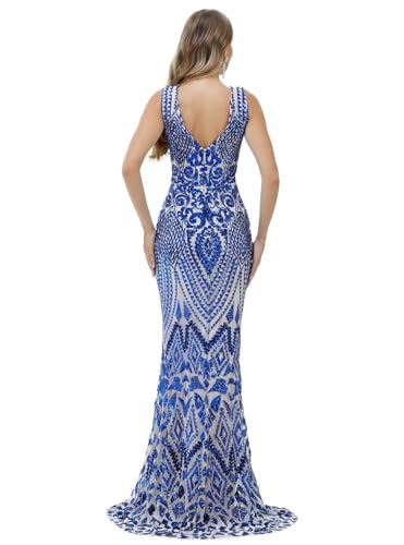 Image of Women's Wedding Bridesmaid Gown Sequined Mermaid V Neck Sleeveless Evening Dress
