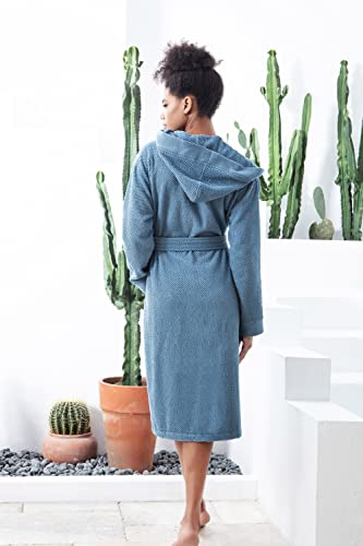 Seyante Turkish Cotton Terry Men's & Women's Bathrobe - Hooded, Kimono Cotton Terry Cloth Robe - Long Textured, Rice Weave Trim (Large, Blue/Hooded) #TOP4